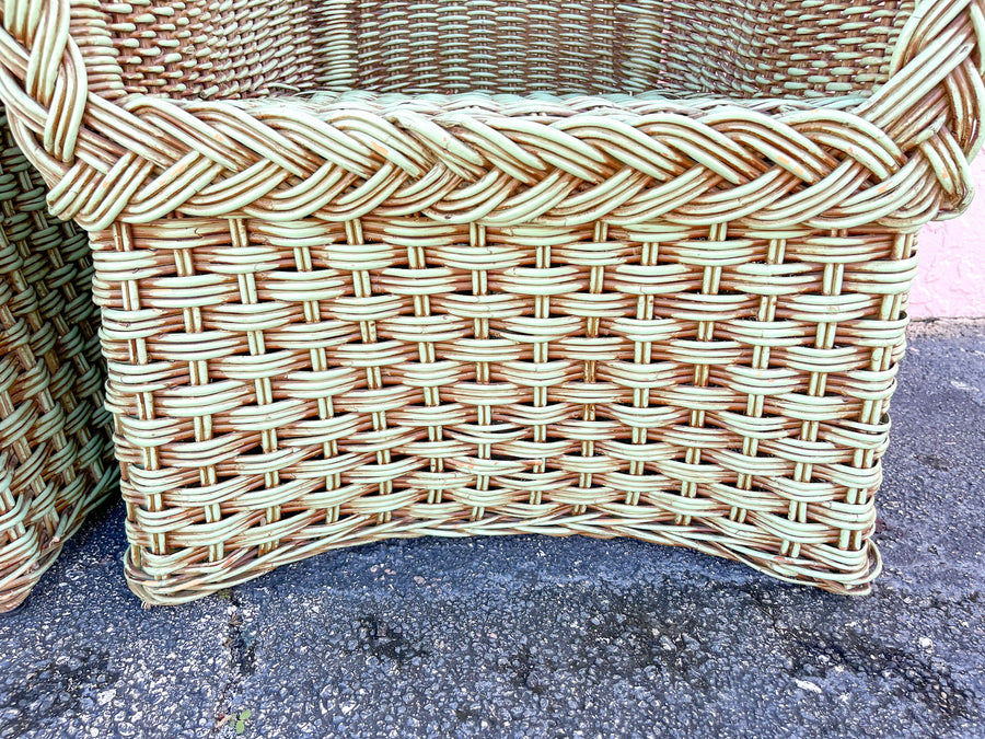 Pair of Braided Rattan Green Lounge Chairs