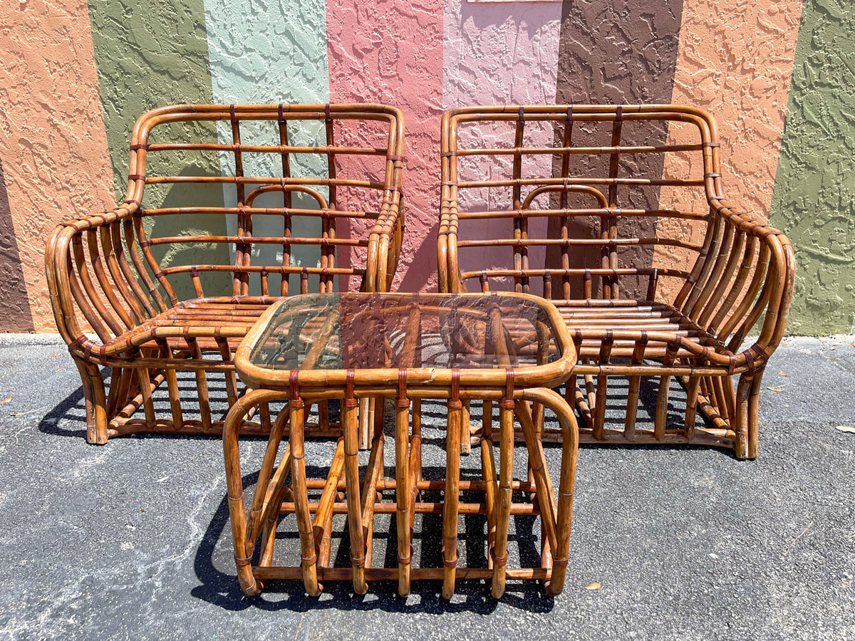 Pair of Rattan Lounge Chairs and End Table