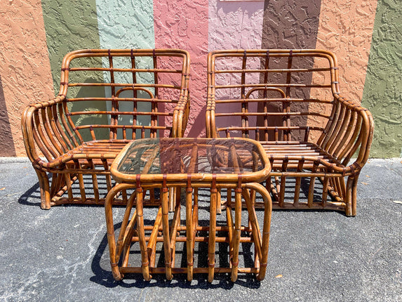 Pair of Rattan Lounge Chairs and End Table