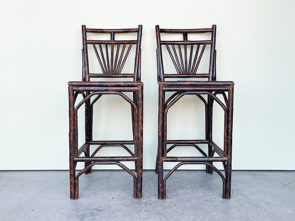 Pair of Tortoiseshell Rattan Bar Stools