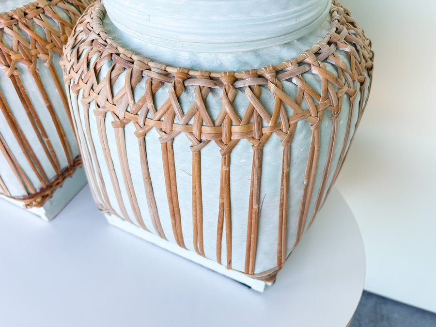 Pair of Rattan Wrapped Plaster Lamps