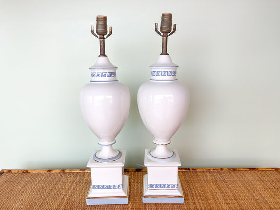 Pair of Robin's Egg Blue and White Greek Key Lamps