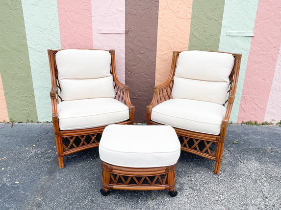 Pair of Rattan Wingback Chairs and Ottoman