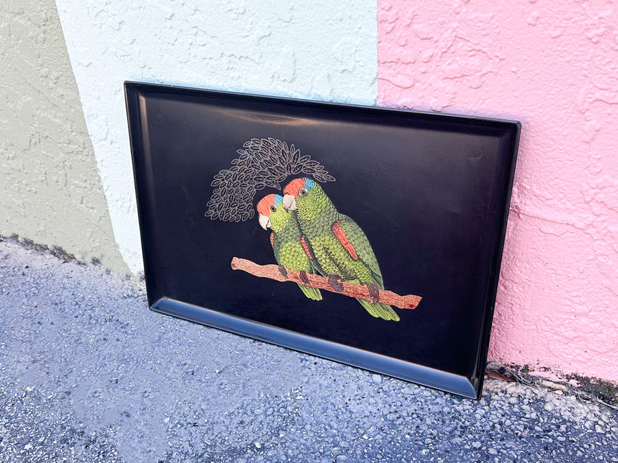 Couroc Tray with Wood and Brass Inlaid Macaws