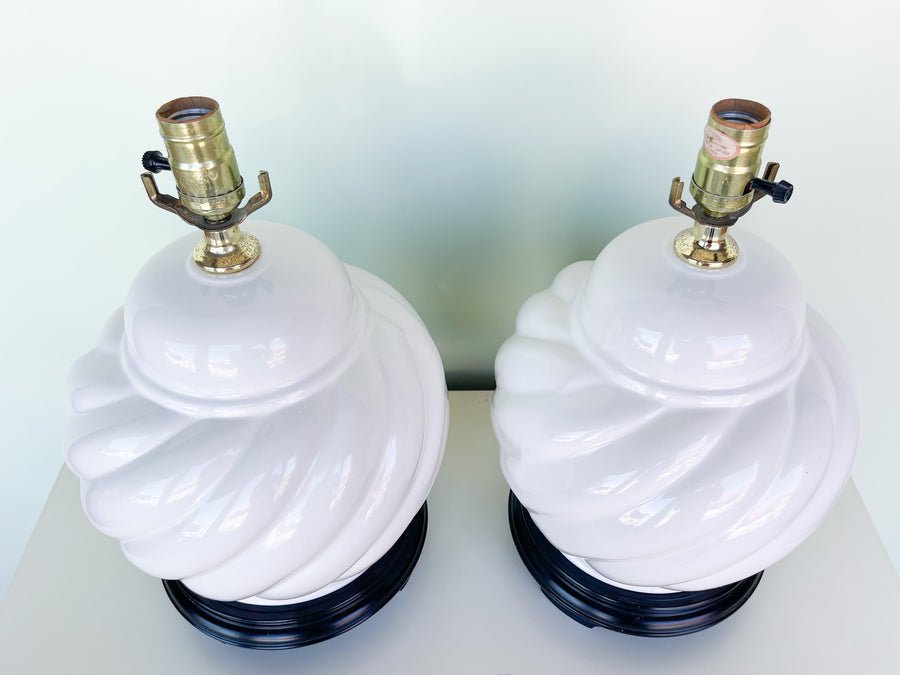 Pair of White Ceramic Swirl Lamps