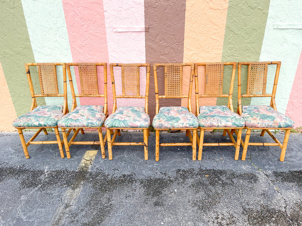 Set of Six Old Florida Rattan and Cane Dining Chairs