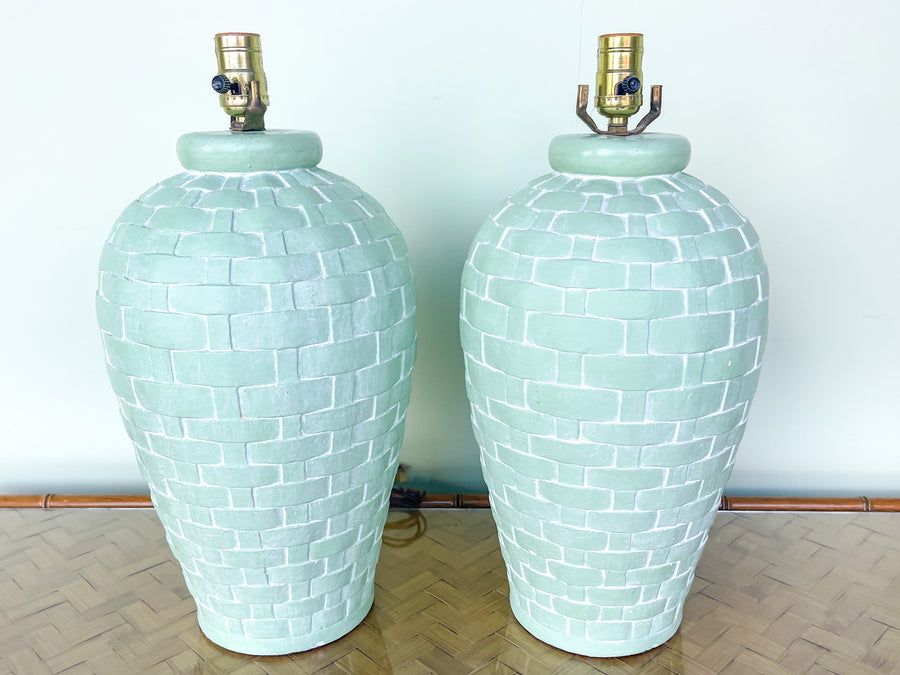Pair of Plaster Seafoam Basket Weave Lamps