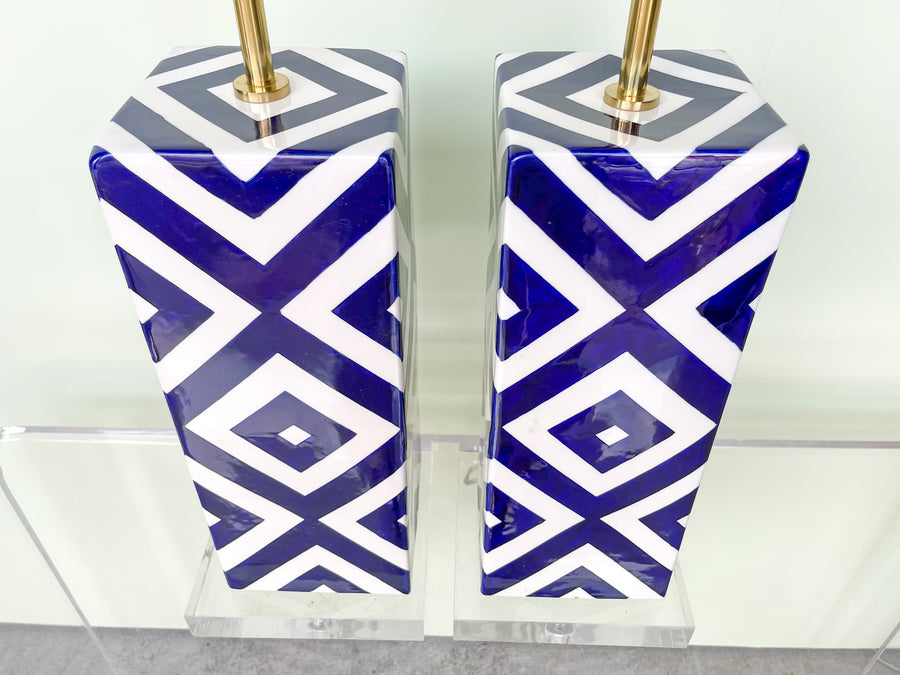 Pair of Modern Blue and White Chevron Lamps