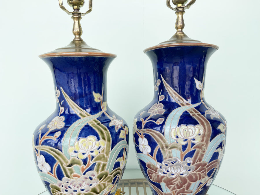 Pair of Navy Floral Lamps