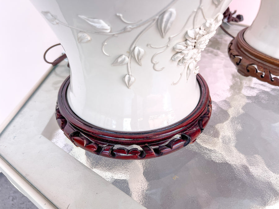 Pair of White Icing Flower Ginger Jar Lamps