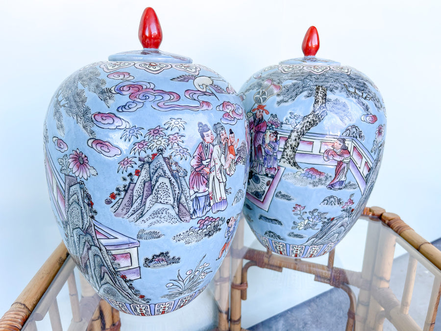 Pair of Asian Inspired Temple Jars