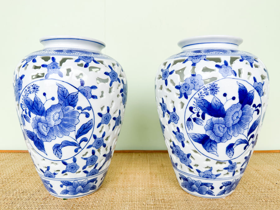 Pair of Blue and White Pierced Vases