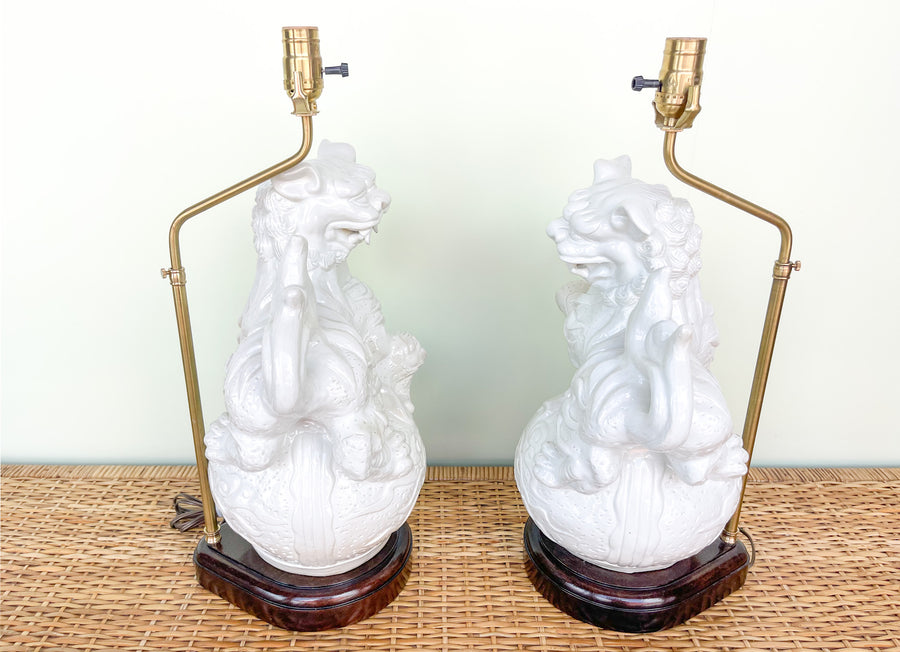 Pair of White Foo Dog Lamps