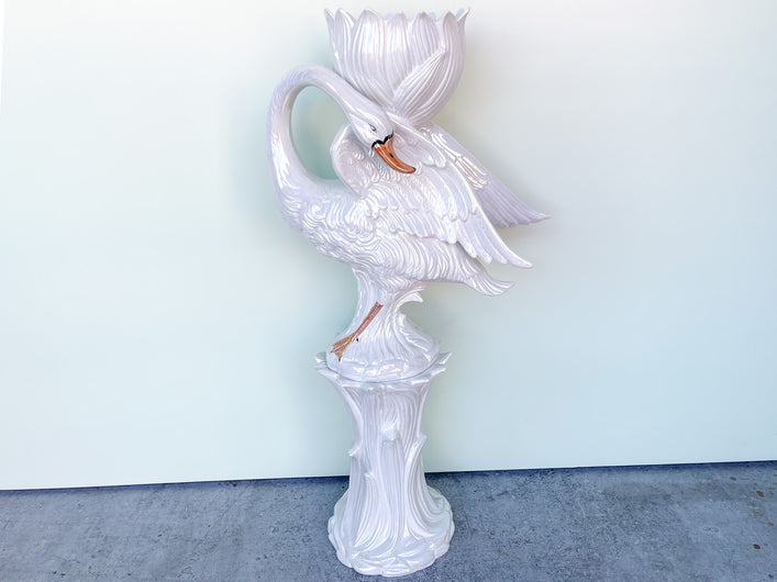 Opalescent Italian Swan Cachepot on Pedestal
