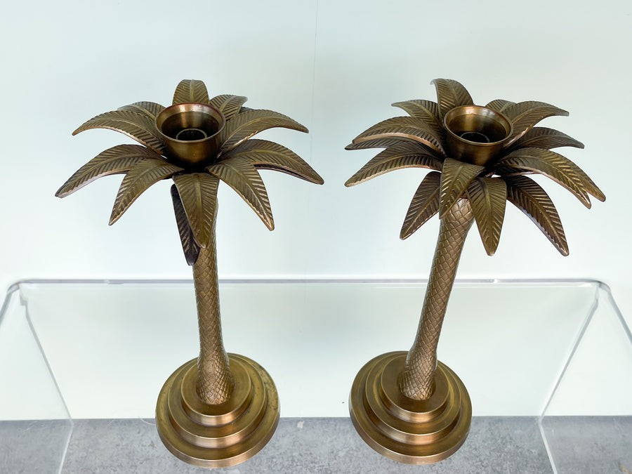 Pair of Large Brass Palm Candlesticks