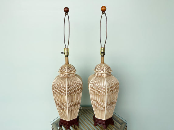 Pair of Faux Basket Ginger Jar Lamps