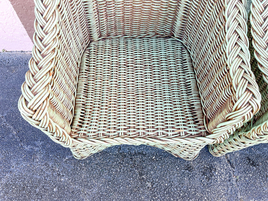 Pair of Braided Rattan Green Lounge Chairs