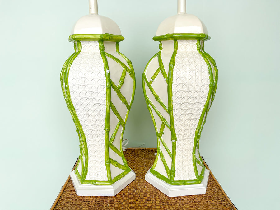 Pair of Faux Bamboo and Cane Ginger Jar Lamps