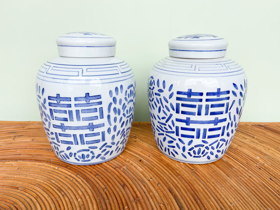 Pair of Blue and White Temple Jars