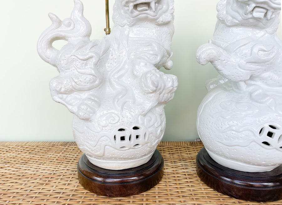Pair of White Foo Dog Lamps