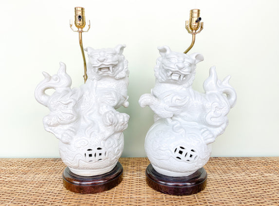 Pair of White Foo Dog Lamps