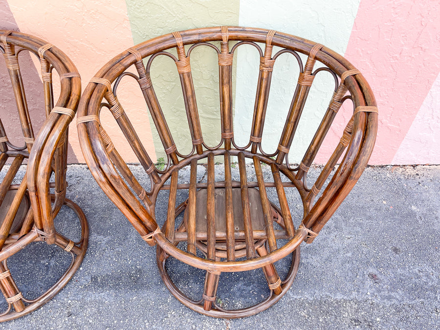 Pair of West Indies Chic Rattan Swivel Chairs