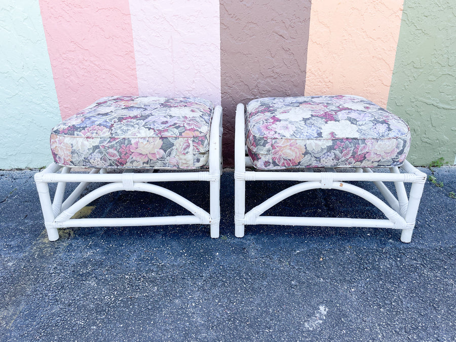 Pair of White Rattan Pretzel Chairs and Ottomans