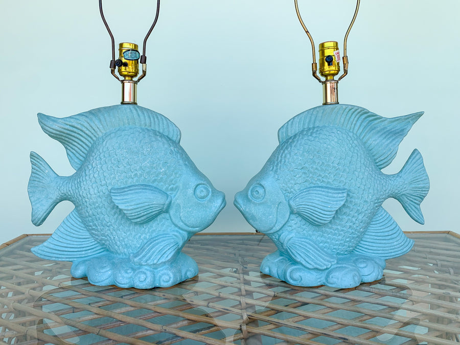 Pair of Kissing Fish Plaster Lamps
