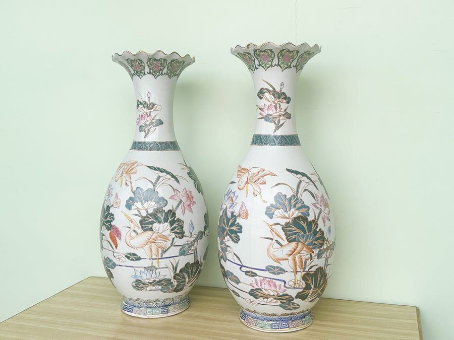 Pair of Large Colorful Heron Vases
