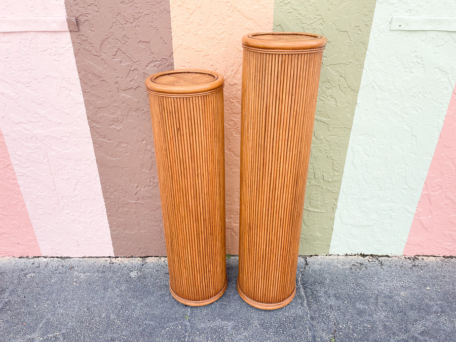 Pair of Pencil Reed Rattan Pedestals
