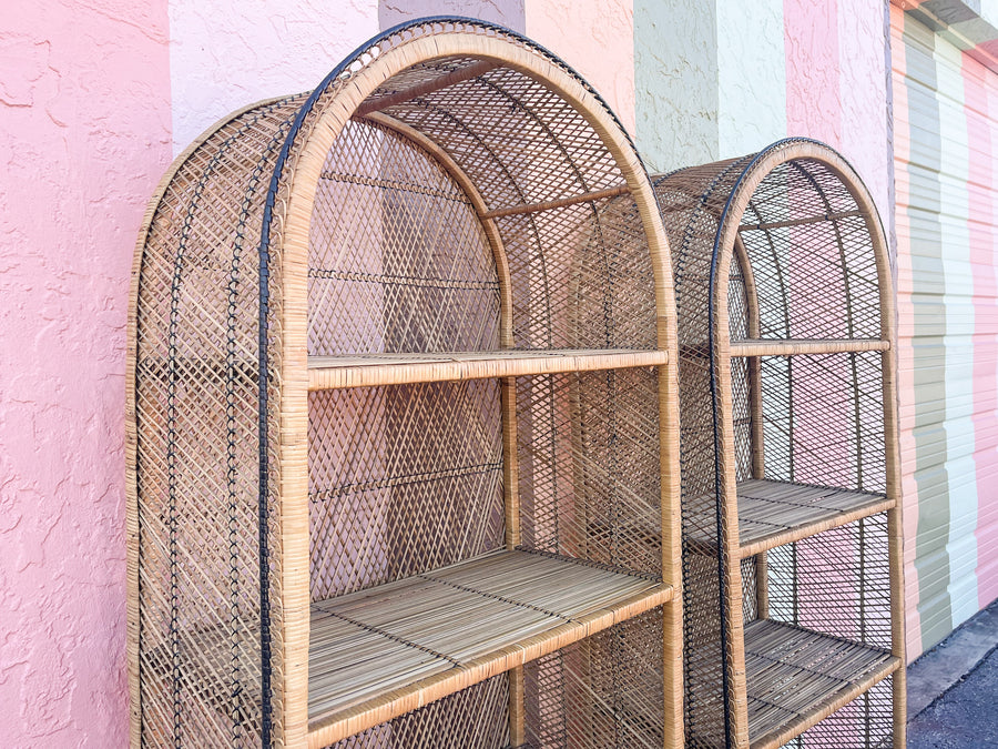 Pair of Coastal Buri Rattan Etageres