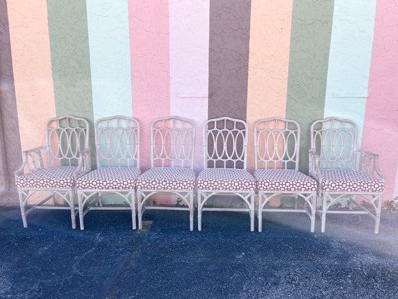 Set of Six Rattan McGuire Style Cathedral Dining Chairs