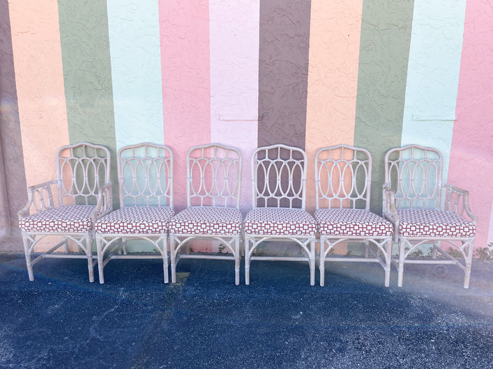 Set of Six Rattan McGuire Style Cathedral Dining Chairs