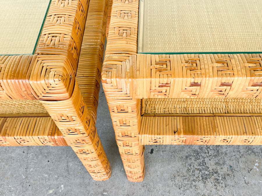 Pair of Billy Baldwin Style Rattan Wrapped Side Tables