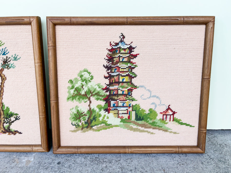 Pair of Pagoda Needlepoint