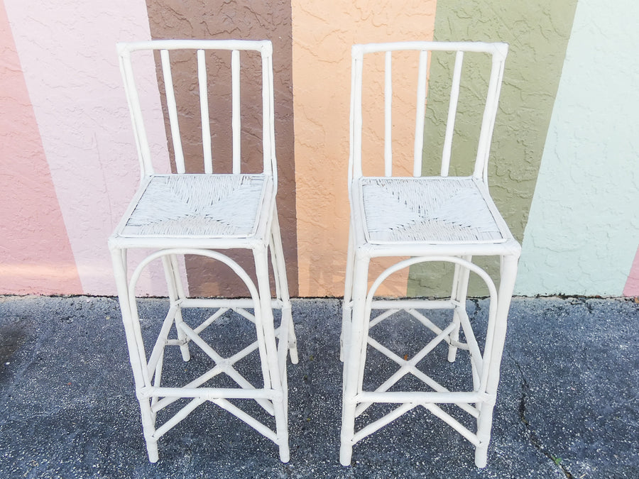 Pair of Old Florida Rattan Bar Stools