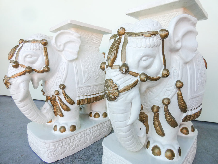 Pair of White Elephant Terracotta Garden Seats