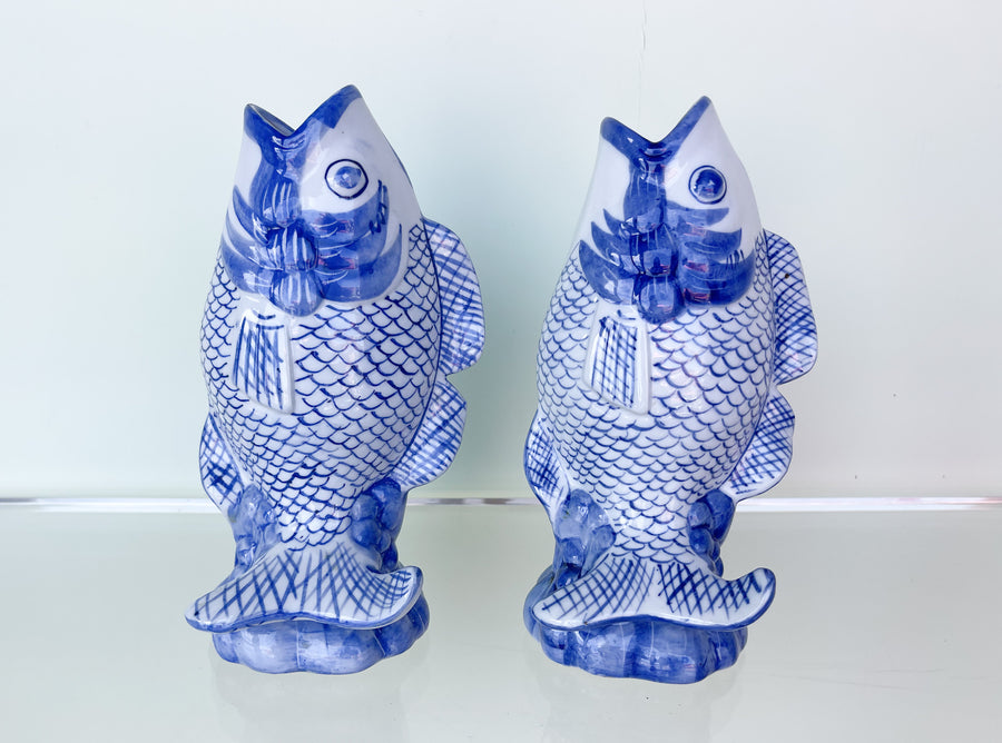 Pair of Blue and White Koi Vases