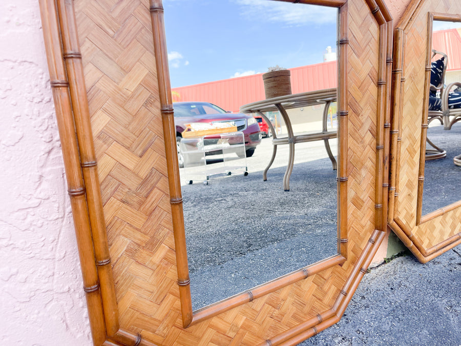 Pair of Faux Bamboo Rattan Octagon Mirrors