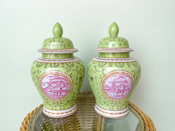 Pair of Pink and Green Ginger Jars