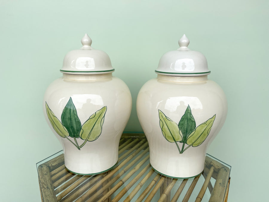 Pair of Hand Painted Italian Lily Ginger Jars