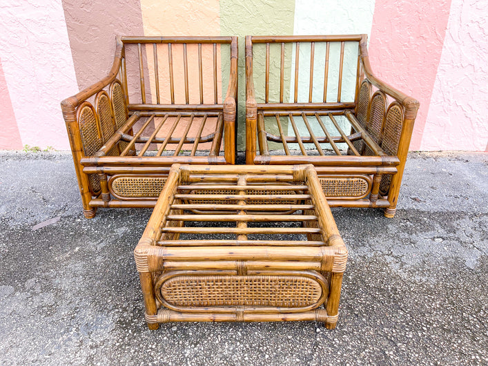 Pair of Island Chic Lounge Chairs and Ottoman