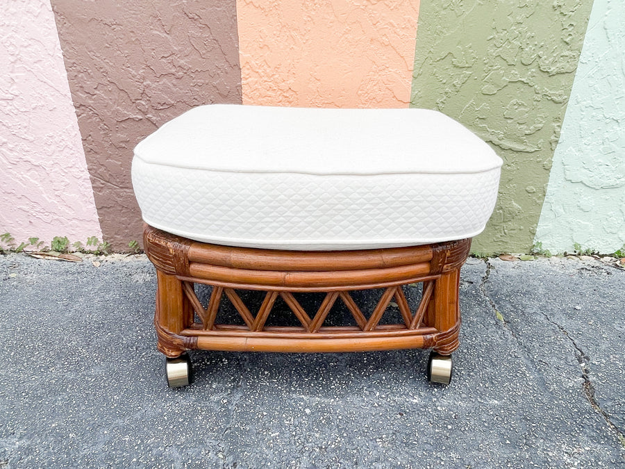 Pair of Rattan Wingback Chairs and Ottoman