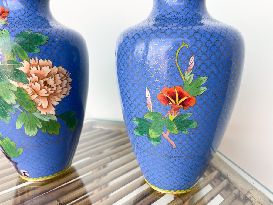 Pair of Caribbean Blue Cloisonné Vases