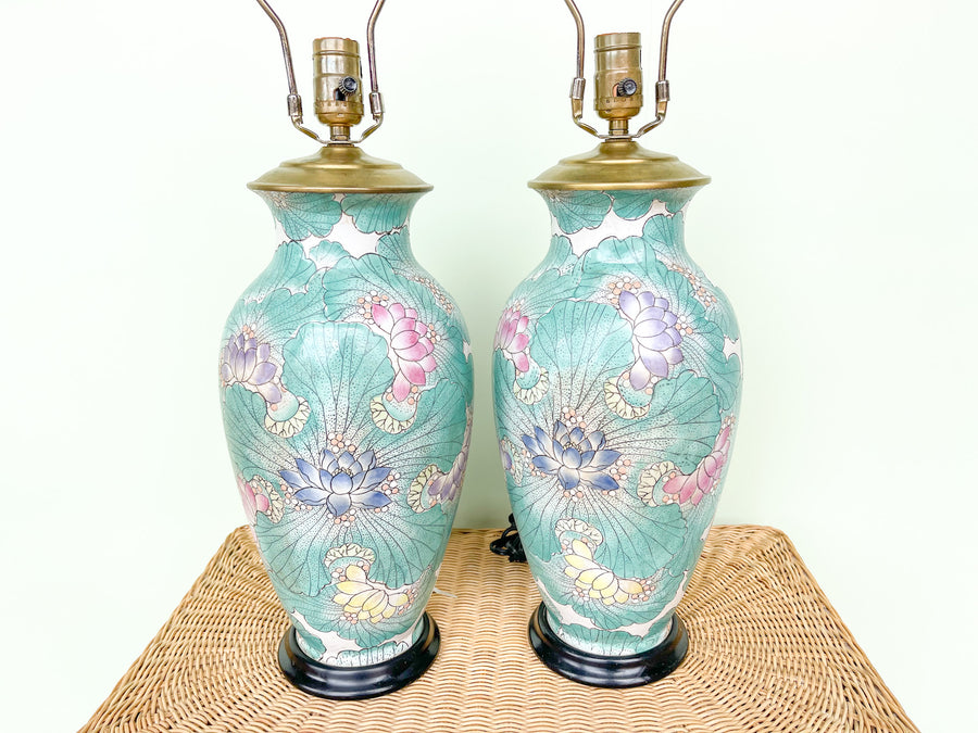 Pair of Teal Lotus Lamps