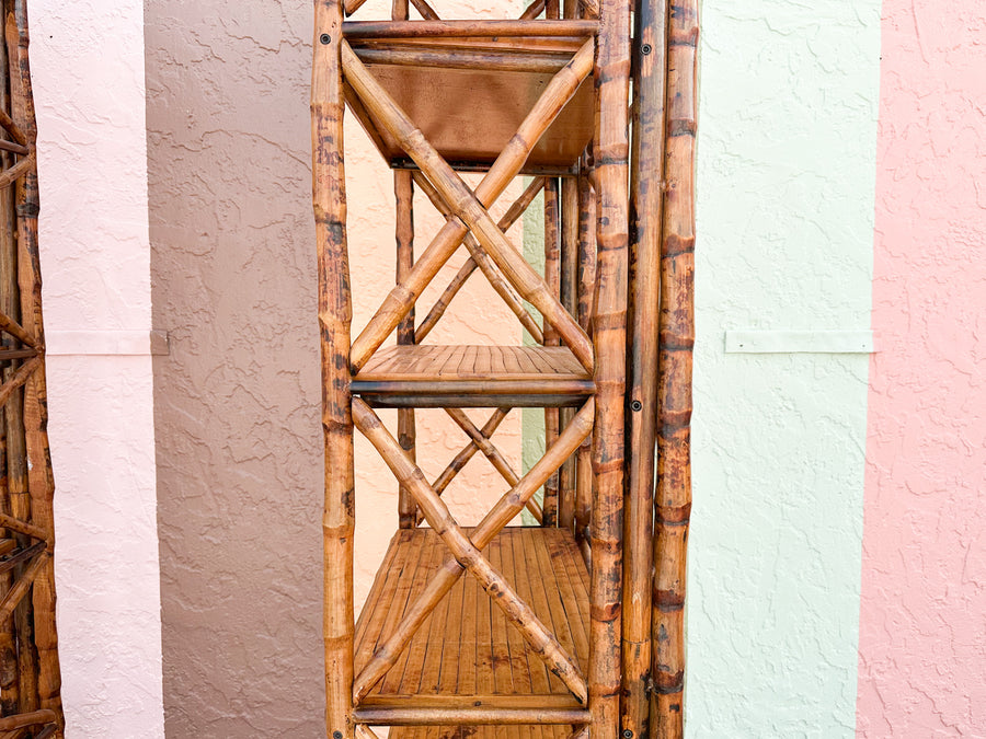 Pair of Island Style Tortoiseshell Rattan Etageres