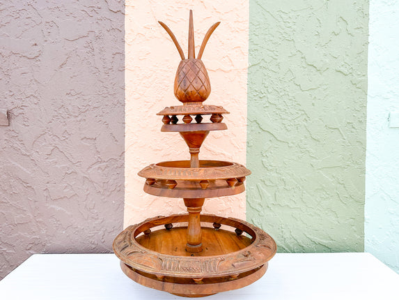 Three Tier Pineapple Wood Carved Lazy Susan