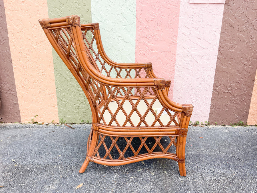Pair of Rattan Wingback Chairs and Ottoman