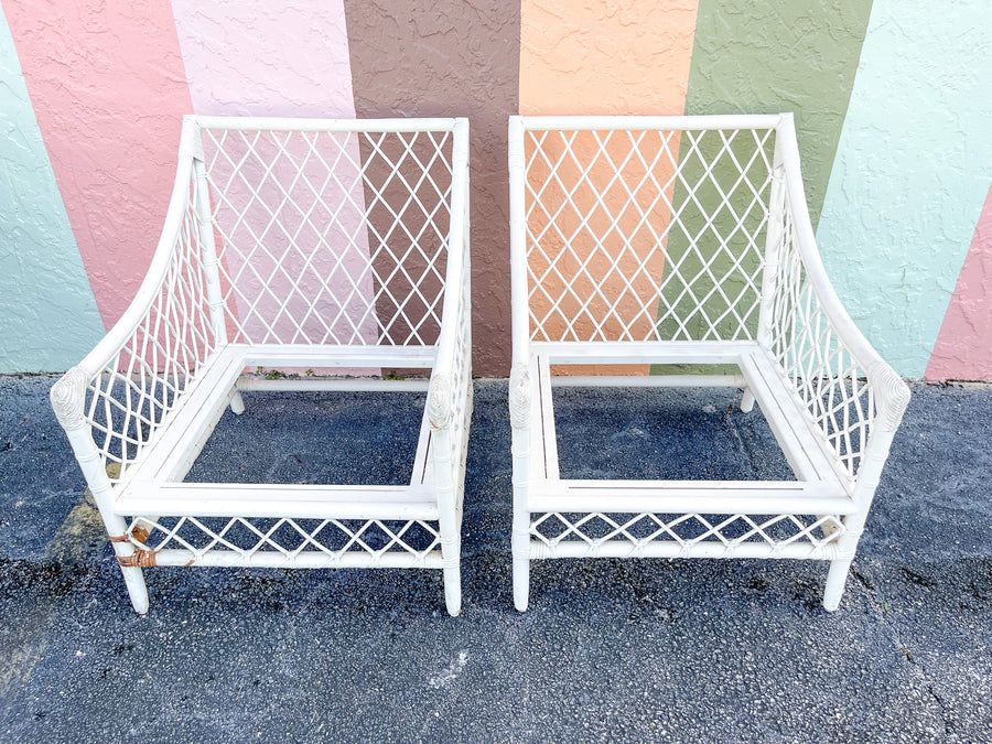 Pair of Ficks Reed Rattan Lounge Chairs and Ottoman