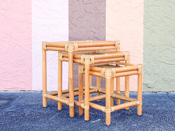 Set of Three Coastal Rattan Nesting Tables